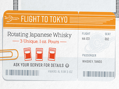 Flight To Tokyo Ticket badge bar beverage branding illustration japanese menu restaurant sake ticket typography whiskey