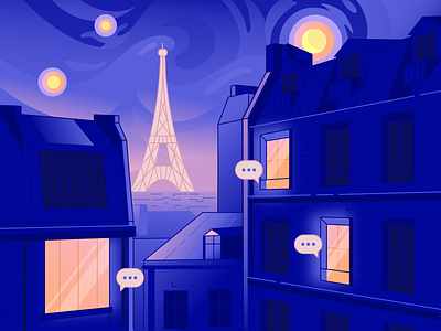 The Midnight in Paris 2d art app article design bubble chat city digital flat illustration marketing midnight moon music night paris poster sound space van gogh vector