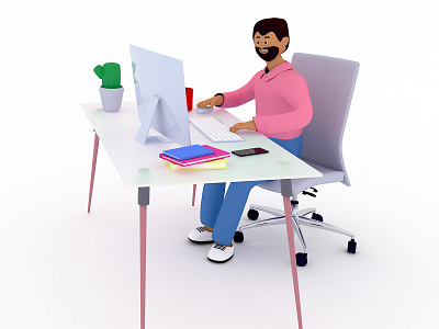 Cute man online working 3d boss c4d clay design desktop illustration internet man management online render smm style trendy 3d white working