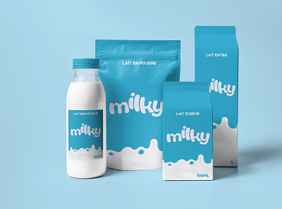 Packagings des produits Milky bichromie blue brand identity branding commerce design graphic design milk packaging packaging design