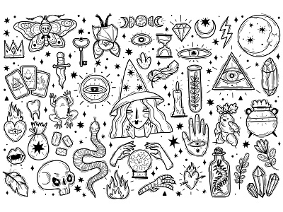 Magic icons doodles outlines set cartoon collection halloween holiday illustration magic mystic set skull vector witch wizard