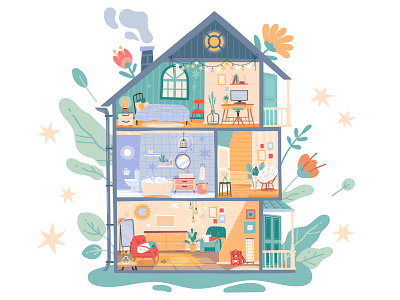 Home sweet home build cartoon flowers furniture home house illustration indoor interior outdoor rooms section vector