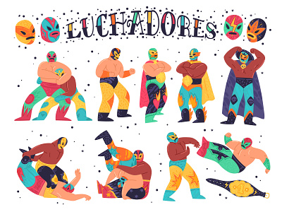 Luchadors vector set acrobatic cartoon championship character costume entertainment fighter illustration latino libre lucha luchador mask mexican people set show sport vector wrestling