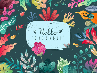 Hello Dribbble flower frame greeting illustration plant vector