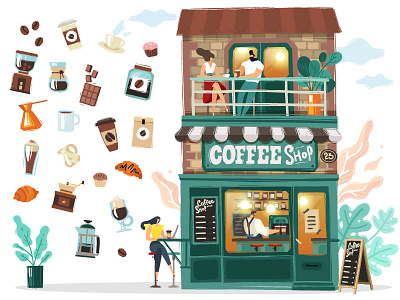 Coffee set cartoon coffee coffee shop icons items set vector