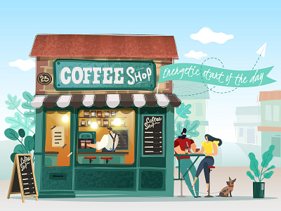 Coffee House Illustration barista building coffee dog house illustraion man slogan vector woman
