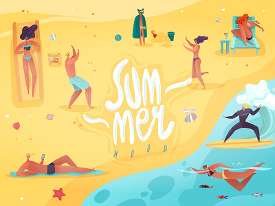 Summer time beach illustraion people relax sand sea summer vector