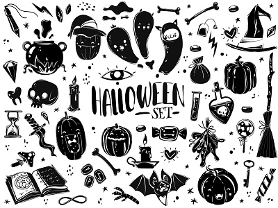 Halloween black white items set autumn bat boiler book collection fall ghost halloween holiday illustraion magic potion pumpkin scull set vector witch wizzard