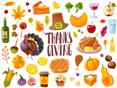 thanksgiving day set autumn collection day fall harvest holiday items leaves pie pumpkin set thanksgiving turkey vector