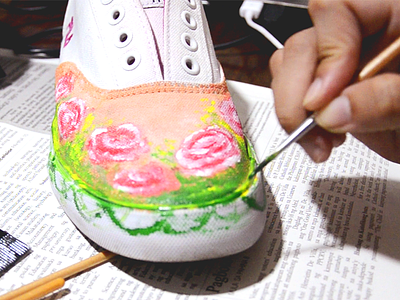 OMG, Shoes art flowers in painting progress roses shoe wip work