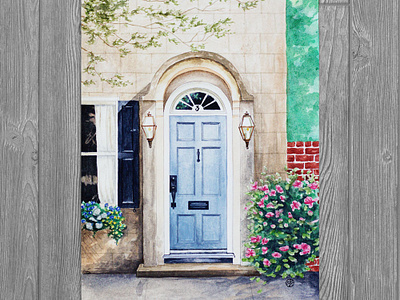 Blue Door In South Carolina building illustration door drawing facade front porch home illustration house illustration illustration realism south carolina watercolor watercolor illustration