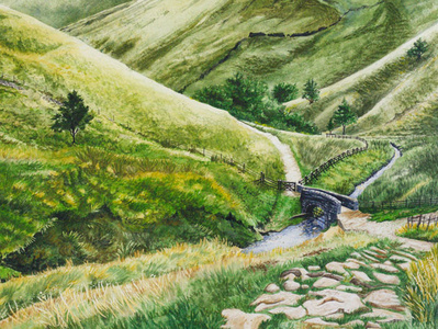 Stone Bridge To The Hills bridge countryside drawing green green hills illustration landscape landscape illustration nature illustration path realism trail watercolor