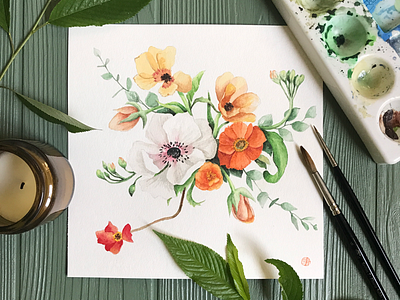 Yellow & Orange Poppies | Botanical Illustration botanical art bright floral art flower bouquet realistic sunny watercolor