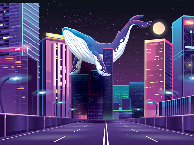 A Dreamy night city illustration retro stary night whale