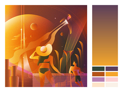 Summer Of 2168 B colors design future gradient graphic design hat illustration illustrator orange palette planet red space spaceship summer swimsuit utopia vector