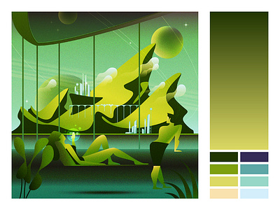 Summer Of 2168 C city colors design future gradient graphic design green illustration illustrator mountain palette planet plants pool relaxing space summer teal utopia vector
