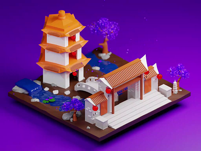 Chinese Garden low poly art low polygon