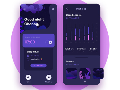Sleep Tracking App 🌜 black dark dark ui fig figma icon illustraion illustrator mobile pink purple sleep sleeping ui