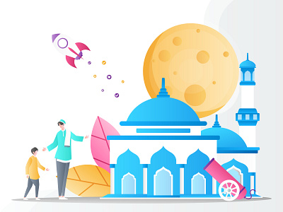 Father Teaches And Invites His Children To Pray To The Mosque banner branding character eid al adha eid mubarak flat homepage illustration logo ramadan ui website