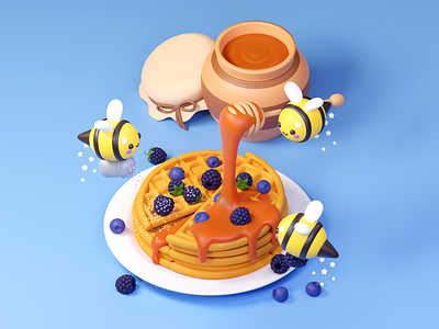 Waffles & Honey 3d bees character character design colors cute design food illustration waffles yummy