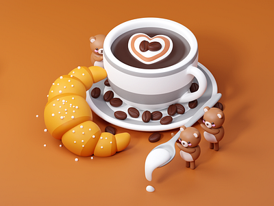 Croissant and Coffee 3d art bears character coffee croissant cute cute animal design food illustraion isometric low poly