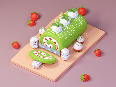 Green Swiss Roll 3d animals blender cake cream cute cute animals design food green llama matcha strawberries strawberry