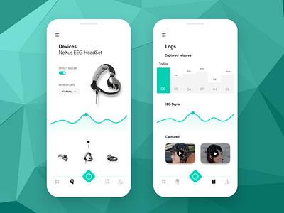 Design screen of brain care app . analysis bluetooth bottom nav brainwave chart eeg gradient greentoad headset healthapp iot logs medicalapp midwave realtime search device signal uitrends wireframe wireless