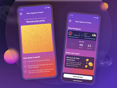 Sweatcoin Scratch The Prize Feature (Lottery Style) 3d animation app card cards crypto gradient lottery mobile mobile app mobile application mobile ui motion graphics reward scratch sweatcoin trophy ui ux win