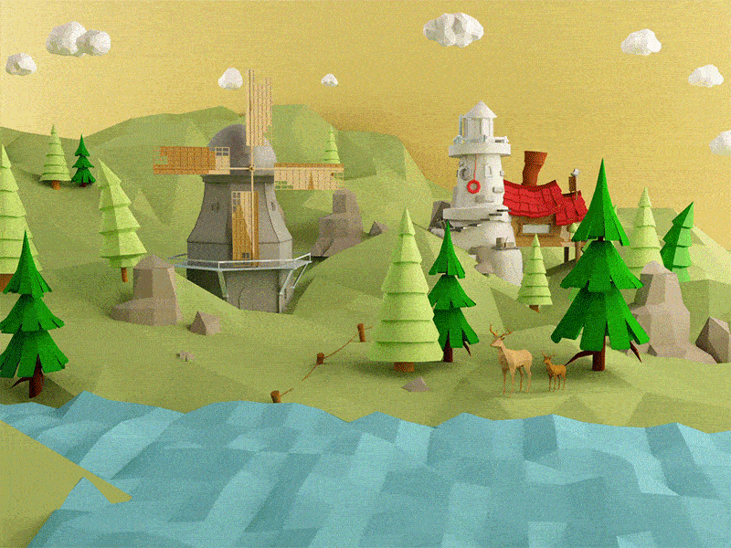 Low Poly Scene - Pacifier Knight c4d cinema 4d low poly low poly water mill photoshop smoke tree vray