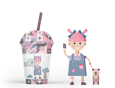 Milkshake package adobe illustrator branding dog drawing flat illustration illustrator little girl milkshake package pastel color puppy vector