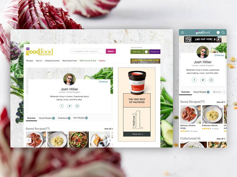 My Good Food refresh profile food desktop. mobile web ux ui layout landing interface digital