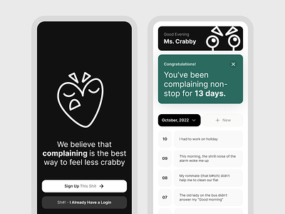 Uitober 10: Mobile app to express negative feelings app black care crabby design funny health inktober joke mental health mobile ui uitober white