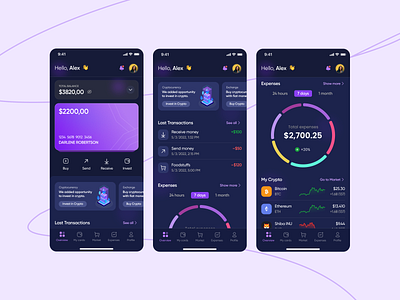 Cryptocurrency service – mobile app banners cards crypto dark dark mode design expenses finance fintech graph graphs mode transactions ui ux