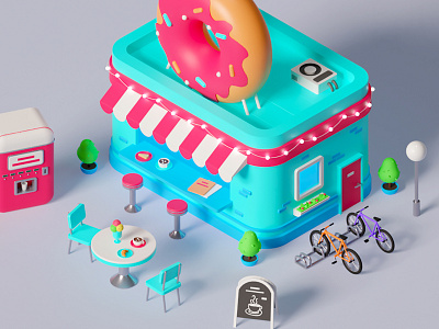 Cafe 3d bicycle building cafe coffee croissant donut game icecream illustraion vending machine