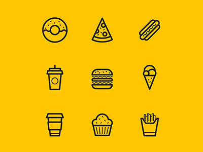 Fast Food icons burger cocktail coffee donut fast food french fries hot dog ice cream icons line muffin pizza