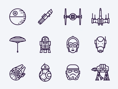 Star Wars free icons bb8 c3po death star free freebie icons lightsaber millenium falcon r2d2 star wars stormtrooper x wing