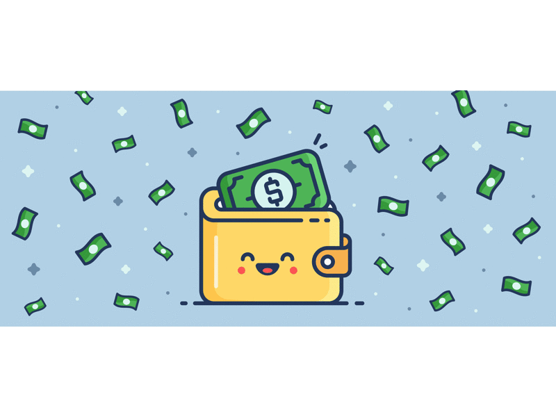 Wallet animation cash cute dollar flat floating fun happy icon illustration money wallet