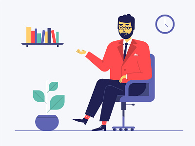 CEO at the office books chair illo illustration man office plant seated