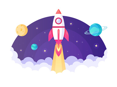 Launch! fast flat future graphics illustration illustrator landing logo planets purple rocket rocket launch science space stars vector web website