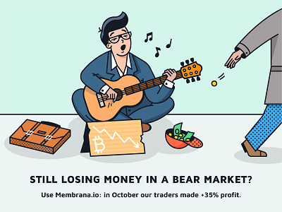 Crypto Trader advertise advertising bitcoin business business man character crypto editorial fun funny guitar illustration magazine money music street trader