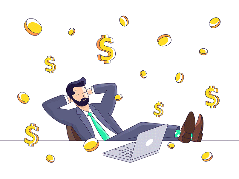 Financial Freedom animation business business and finance cash chill coins freedom illustration man money office sitting suit