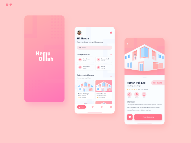 NemuOmah (Homestay) mobile soft smooth red 3d lllustrator mobile design mobile ui mobile app vector uxui house homestay homepage home app ui