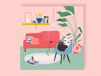 A bored cat cat colorful colors cosy details furniture home illustraion interior procreate space