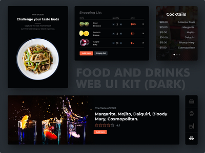 Food and Drinks UI Kit (Part 1) animation black branding business clean colors dark dark theme food food delivery illustration interaction interface layout prototype sarvottam ui uiux ux