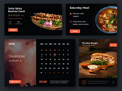 Food and Drinks UI Kit (Part 2) animation black branding branding design calendar clean colors dark theme food food delivery illustration interaction interface layout prototype sarvottam typography ui