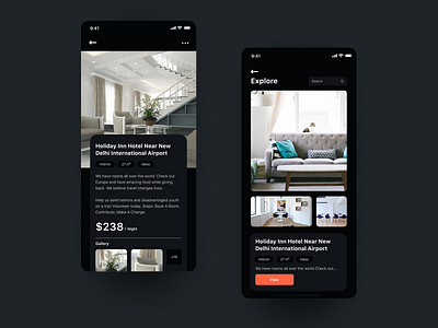 Hotel Booking App app clean colors dark dark mode dark ui gradient interaction interface sarvottam typography ui uiux