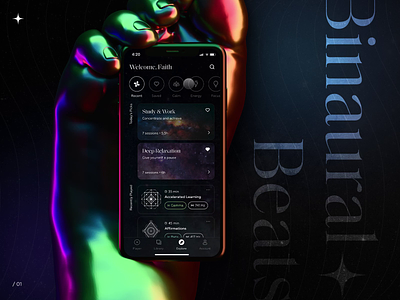 Binaural Beats App animation binaural beats dark app dark theme futuristic interaction mobile app music music app music player player protopie space ui ui ux ui design uidesign uiux uxui