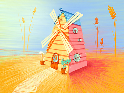 Windmill bright colours childrens illustration design drawing house illustration pencil procreate windmill