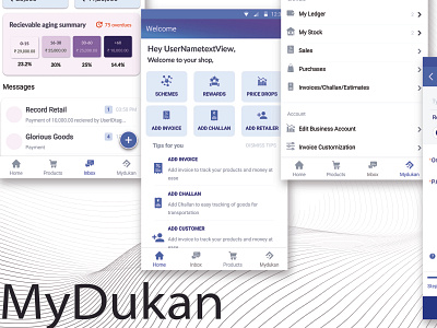 Mockups for Mydukan App figma home inbox invoice profile retail