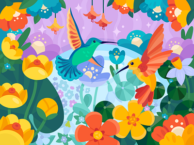 Flowers and birds flat illustration vector